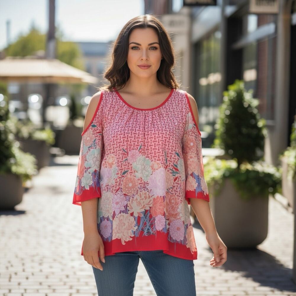 Bobeau Women's Red Pink Floral Blouse - Boho Flowy Top S